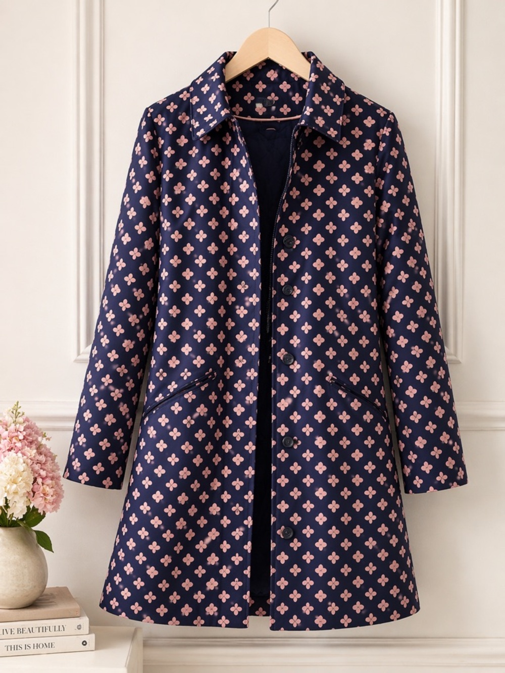 Boden Navy Floral Raincoat Jacket Sz M | Lightweight | Preppy